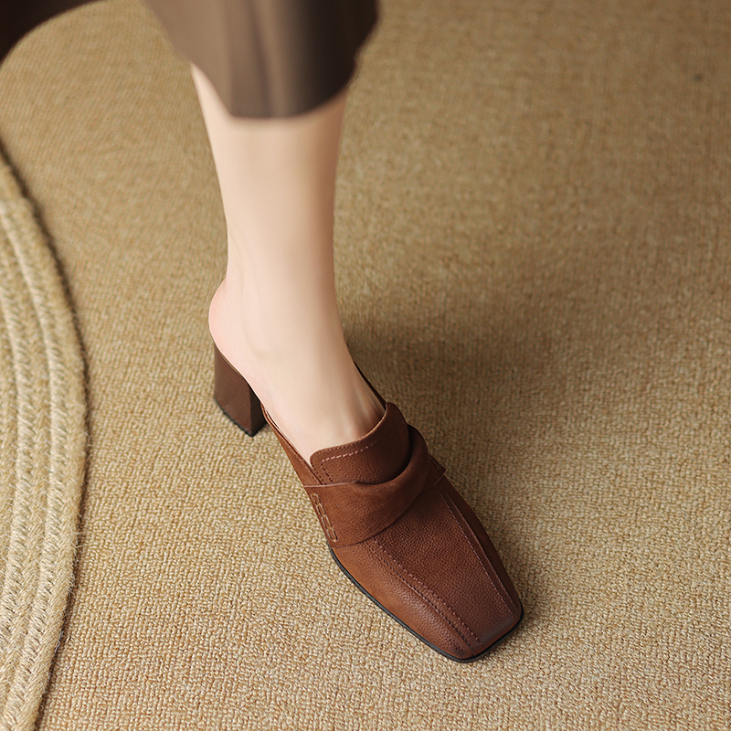 Cat Brother 2024 Summer New Genuine Leather Closed-Toe Half Slippers for Women, Retro Square-Toe Chunky Heel Mules, High-Heeled French Style Trend