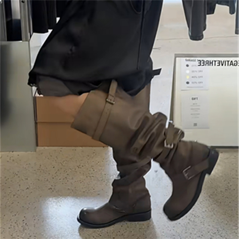 2026 New Style Belt Buckle Stacked Boots Over-The-Knee Chunky Heel Retro Distressed Long Boots Korean Style Boots Niche Work Boots for Women