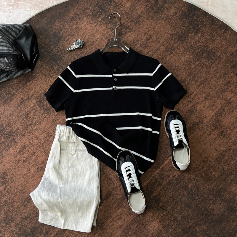 Guli Summer Comfortable Hollow-Out Lyocell Knit Polo Shirt Men's Light Luxury Striped Turn-Down Collar Short-Sleeve Knit T-Shirt