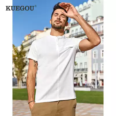 Kuegou men's collar short sleeve T-shirt men's summer light and comfortable simple solid color slim stitching top 5735