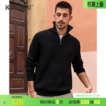 Kuegou mens pure cotton high collar zip sweater male spring pure color sleeve head casual business knitwear 8948