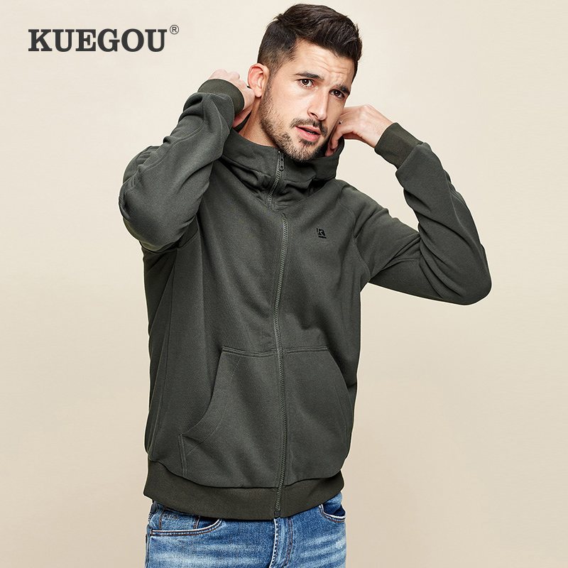 Kuegou men's cardigan sweater men's 2021 spring new simple solid color sports leisure hooded jacket 2288