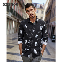 Special price] Mens long sleeve shirt mens clothing Han version Body Fashion Trends Personality Figures Printed Lining Spring 3280