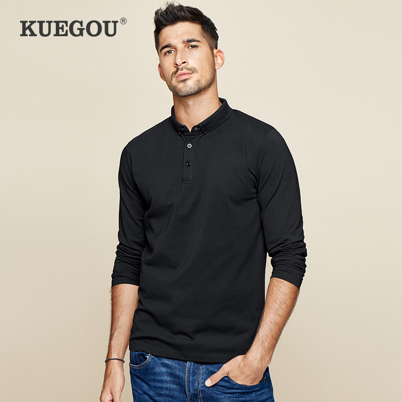 Kuegou man long sleeve POLO shirt male trend brief about pure color flipped T-shirt spring men's clothes 3524