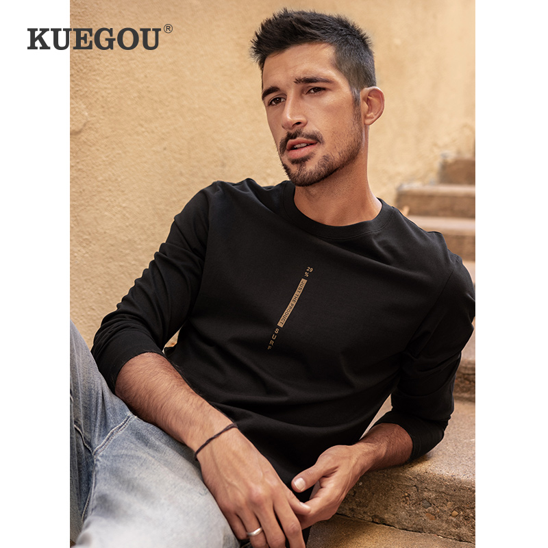 Cool clothes for men long sleeves T-shirt men's spring fashion black round neckline printed pure cotton T-shirt with undershirt 88052