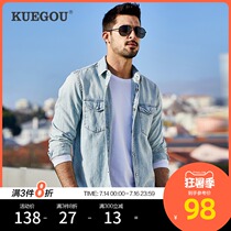 Kuegou mens denim long-sleeved shirt mens spring new casual cotton washed shirt 6276