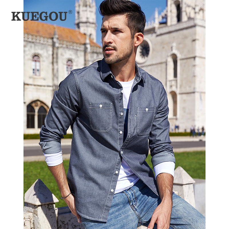 Kuegou Men Long Sleeve Shirt Male Trend Chest Pocket Casual Turnover Shirt Spring Dress Jacket Jacket 6957