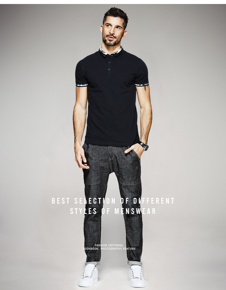 [] Kuegou new men áo ngắn tay nam nam Slim đơn giản màu tương phản ve áo nhỏ 1545 áo polo sói