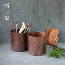  No inkstone pure handmade copper tea ceremony tube Pure copper pen holder Copper vase Copper flower intervention hammer mesh pattern Four treasures of Wenfang