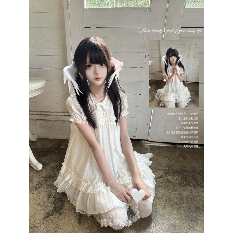 La La Sauce Moonlight Lily Milk Foam Flowing Texture Gauze Doll Dress with Ruffled Edges and Bowknot Ruffle Dress