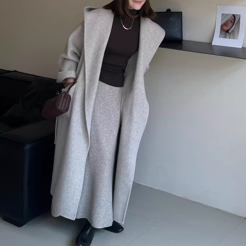 High-End Korean Style Hooded Double-Sided Cashmere Coat for Women, Mid-Length, New Autumn and Winter Style, Loose-Fitting Woolen Coat with Tie