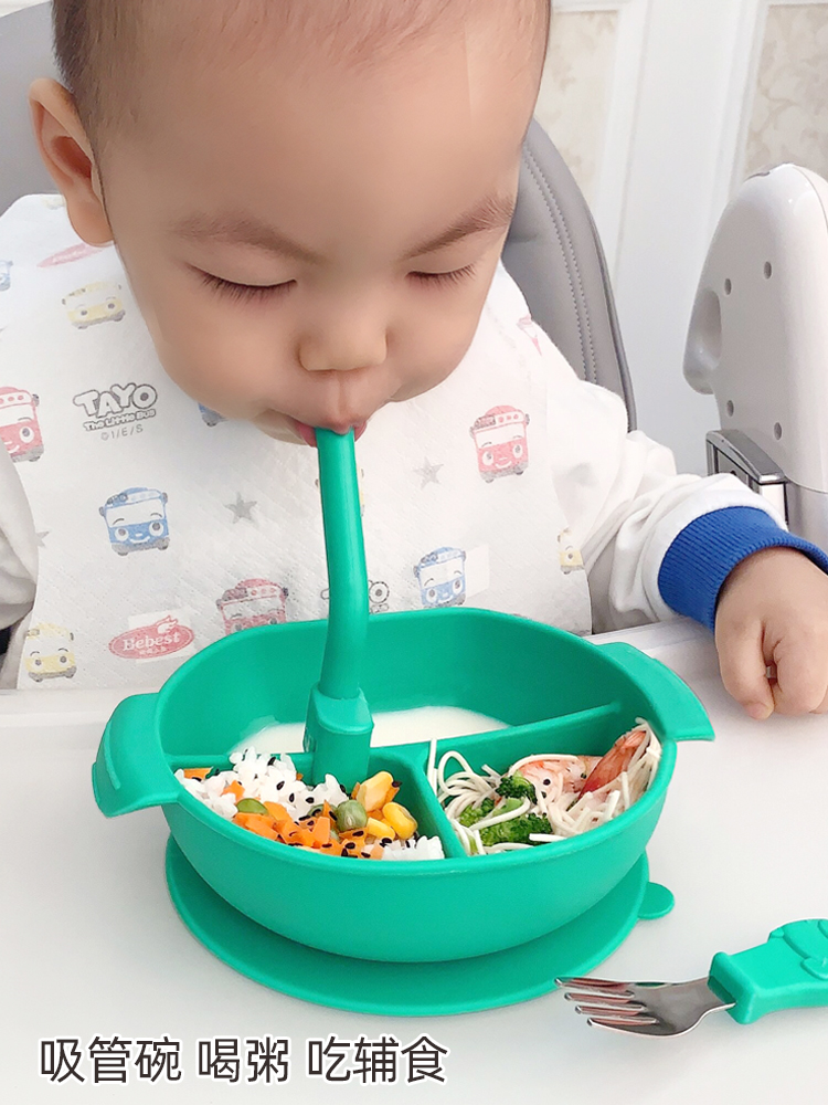 Baby meal plate Baby children tableware set Suction cup type grid plate Silicone food bowl Suction cup bowl Soup straw bowl