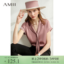 Amii Ocean Gas Tie Satin Undershirt Snow-spinning Jersey 2022 New Fashion Shirt Short Sleeve V-collar Blouse Women