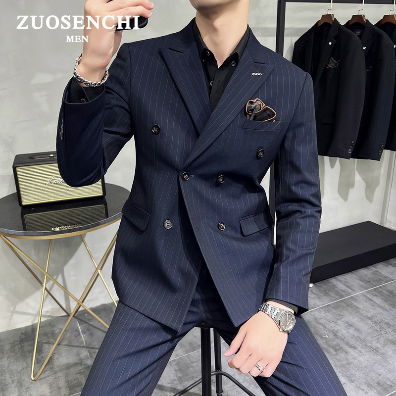 Spring and Autumn Double-Breasted Striped Suit Set for Men, Slim Fit Formal Wear, High-End Business Casual Suit, Wedding Groom Outfit