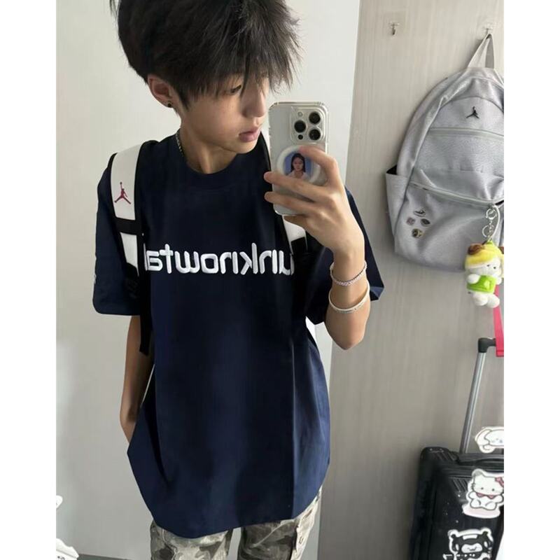 Chinese Trendy Brand Letter Embroidery Heavyweight T-Shirt Short Sleeve Men's Summer Loose Navy Blue American High Street Couple Top Chinese Trendy Brand Letter Embroidery Heavyweight T-Shirt Short Sleeve Men's Summer Loose Navy Blue American High Street Couple Top