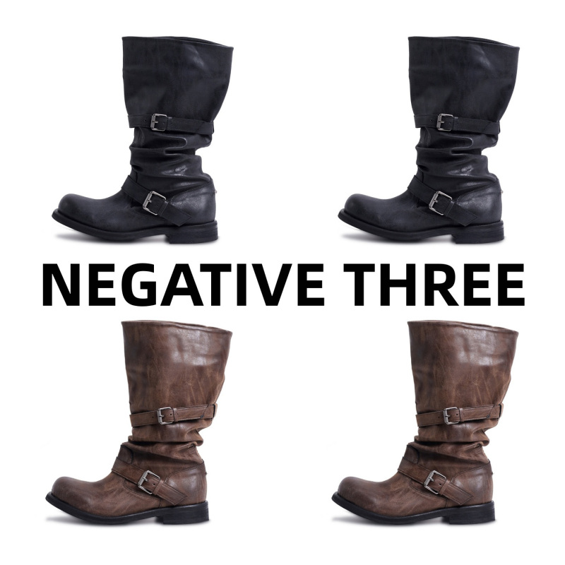 Authentic Korean Negative Threent3 Jang Won-Young Style Knight Boots, Distressed Slouch Boots, Mid-Calf Boots