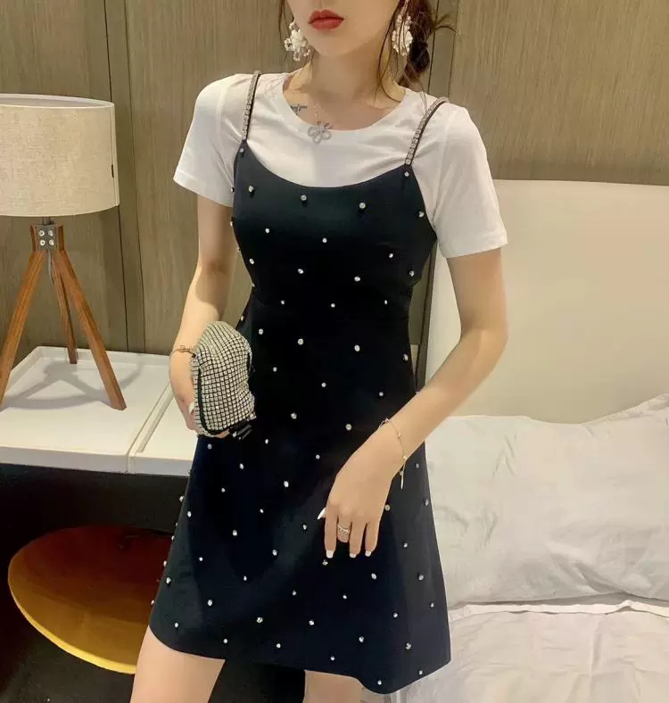 Hàn Quốc ulzzang đầm mùa hè mới MI2 thời trang hoang dã rắn màu top + flash kim cương dây đeo đầm phù hợp với nữ - Bộ đồ