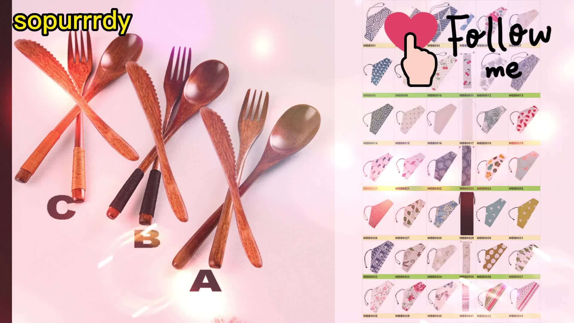 Custom Logo Portable Wooden Spoon Fork Knife Cutlery Set With Pouch