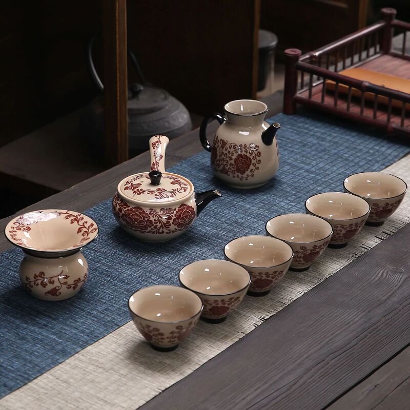 Handan Cizhou Kiln Tea Set Peony Branch Side Handle Covered Bowl Set Vintage Tea Ware Gift Fengfeng Ceramics Gift Box
