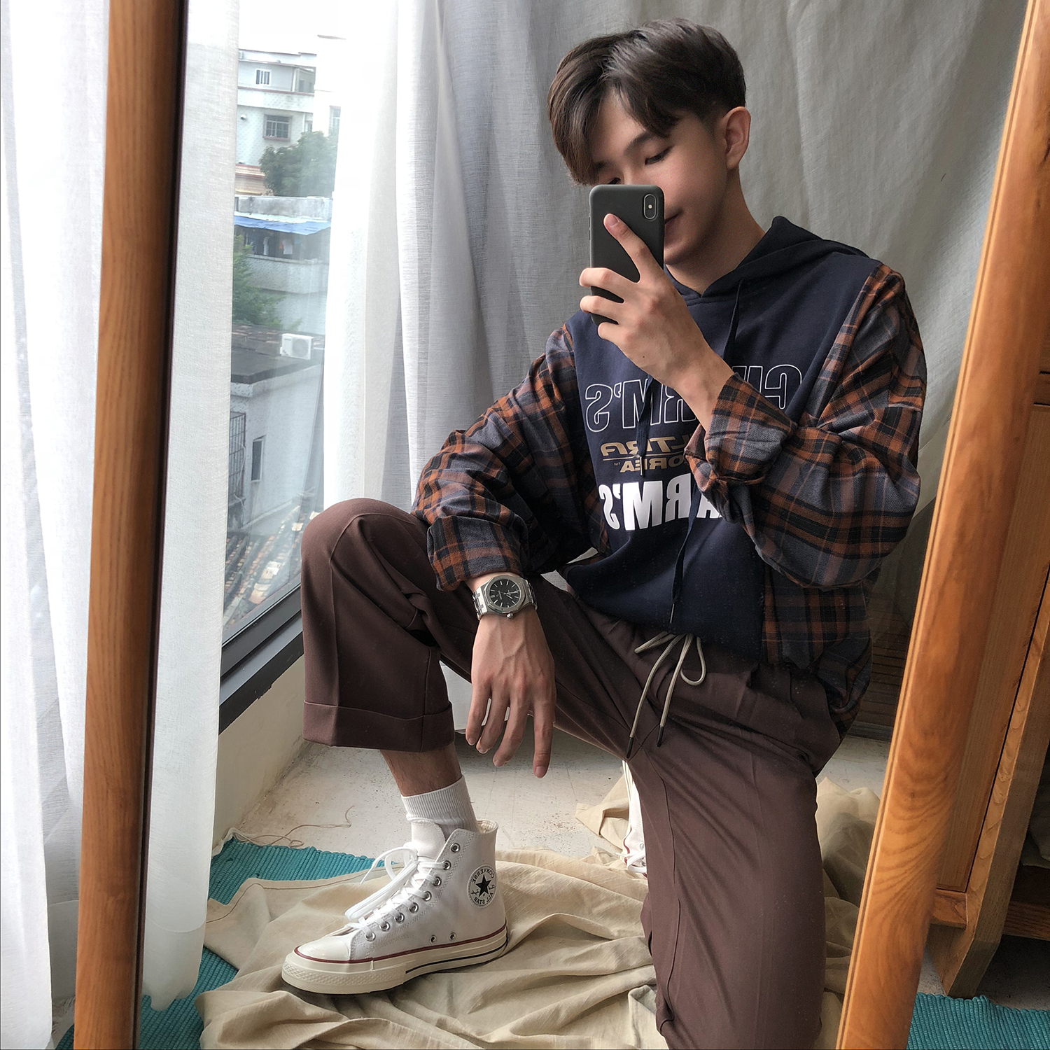 Xiao Ming Bene Kiểm soát áo len buộc vào phong cách retro chic Han in khâu áo len trùm đầu cho nam và nữ áo hoodie nỉ bông dày