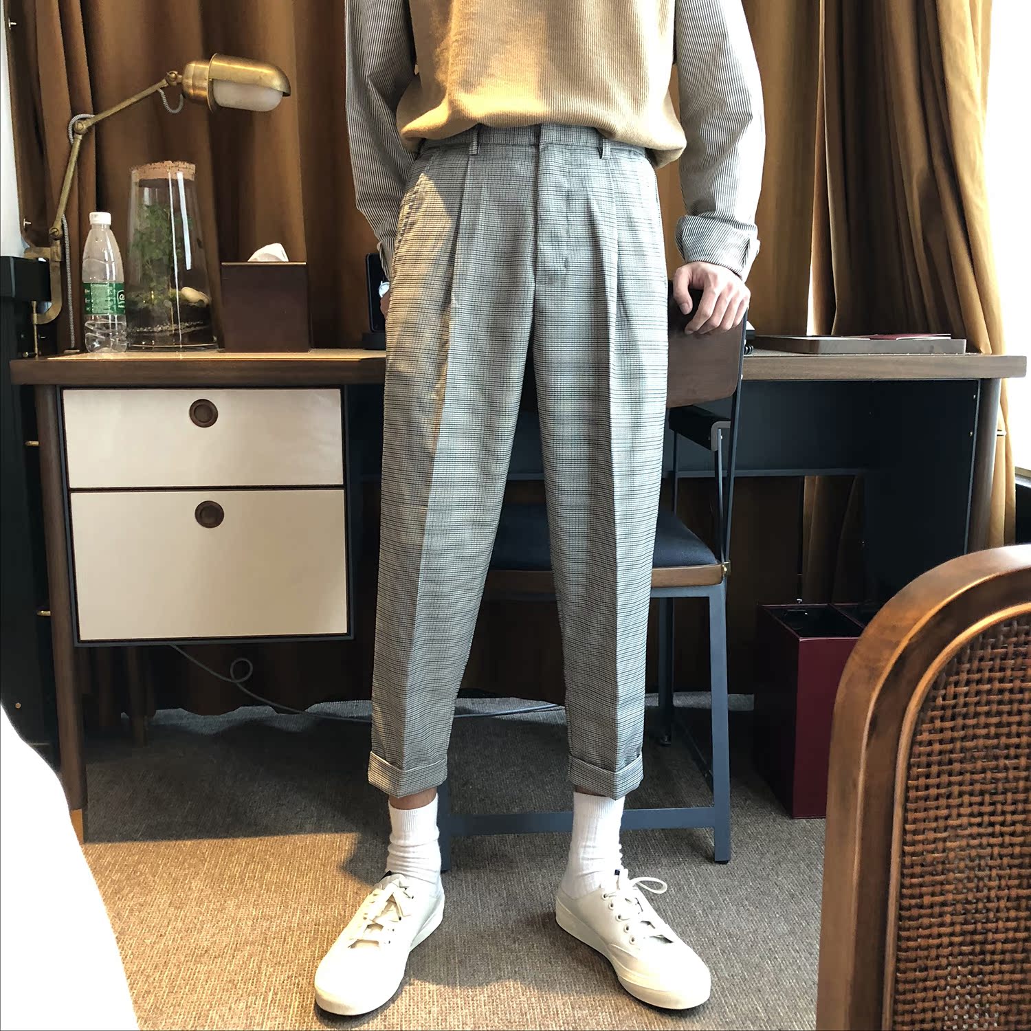 Xiao Ming bene fine lưới Han Feng retro chic đơn giản lỏng lẻo thẳng chín điểm quần âu quần nam và nữ quần giữ nhiệt nam