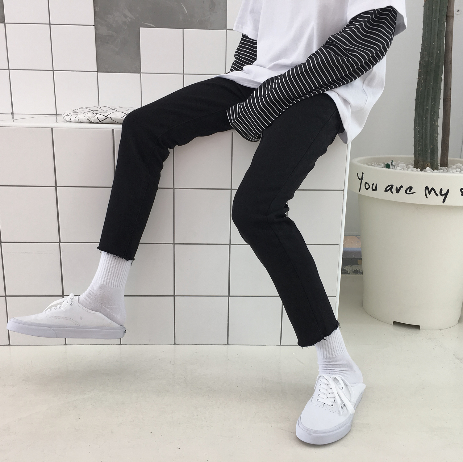 小明bene 17秋季黑色韩版潮流百搭修身小脚牛仔裤九分裤男