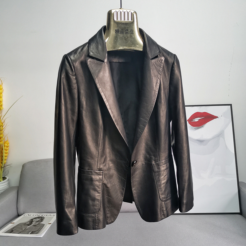European Genuine Leather Sheepskin Suit Jacket for Women, Short, Slim Fit, with Slit, 2026 Spring and Autumn New Model, Haining Leather Jacket