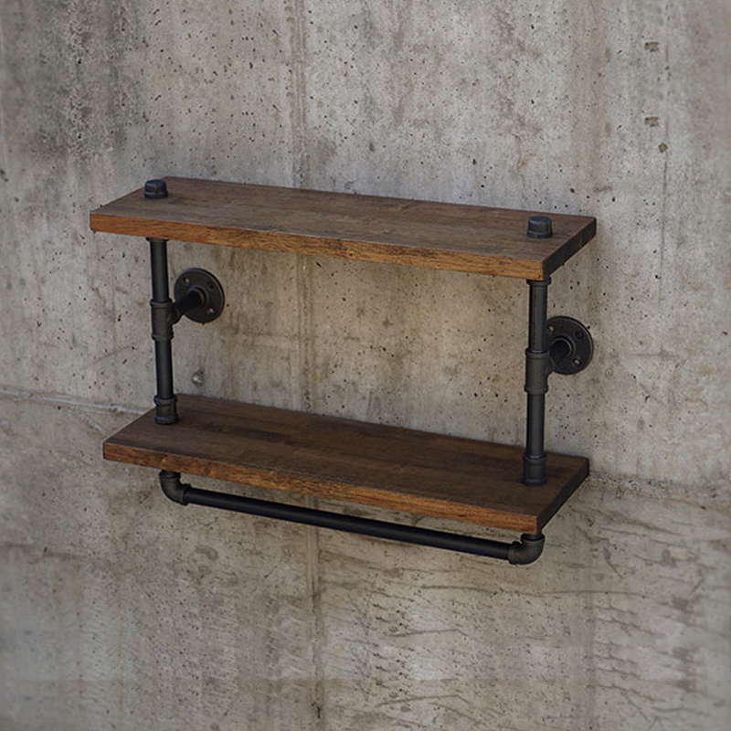 Industrial style American retro water pipe shelf Wall living room wall wine rack Solid wood shelf Wrought iron bookshelf