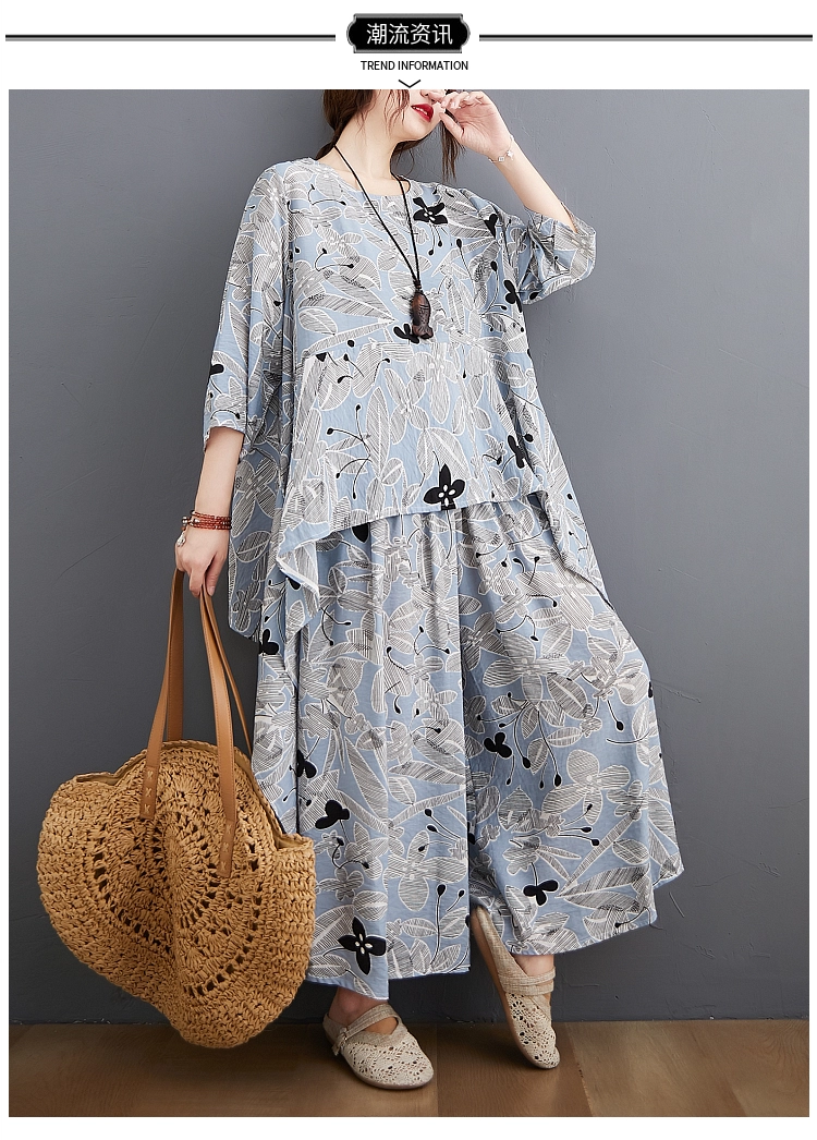 long skirt and top set DIMANAF Plus Size Two Piece Set Suit Women Clothing Vinatge Print Elegant Lady Tops Shirt Linen Loose Pants Female Suit Summer cute pj sets