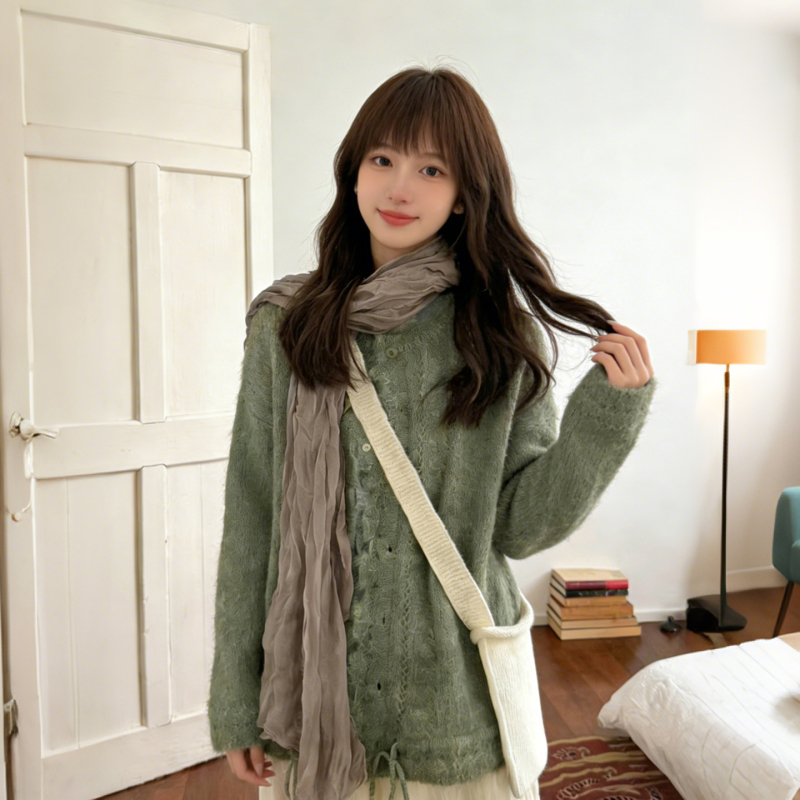 Milk Rabbit - LAOSHU Plush Hollow Drawstring Bohemian Sweater Cardigan for Women, Loose and Lazy Knitted Top
