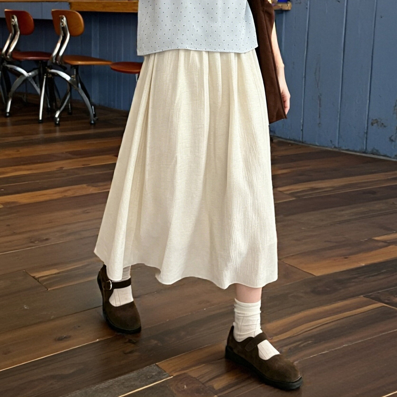 Milk Rabbit LAOSHU Linen-Like Slightly Wrinkled Texture Smoothie Skirt for Women, Long Draped Elastic Waist A-Line Skirt Milk Rabbit LAOSHU Linen-Like Slightly Wrinkled Texture Smoothie Skirt for Women, Long Draped Elastic Waist A-Line Skirt