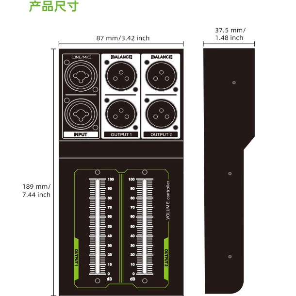 6.35mm Xlr 1 Input 2 Output Splitter for 2-Channel Audio Speaker Volume Mixer with Manual Adjustment Control