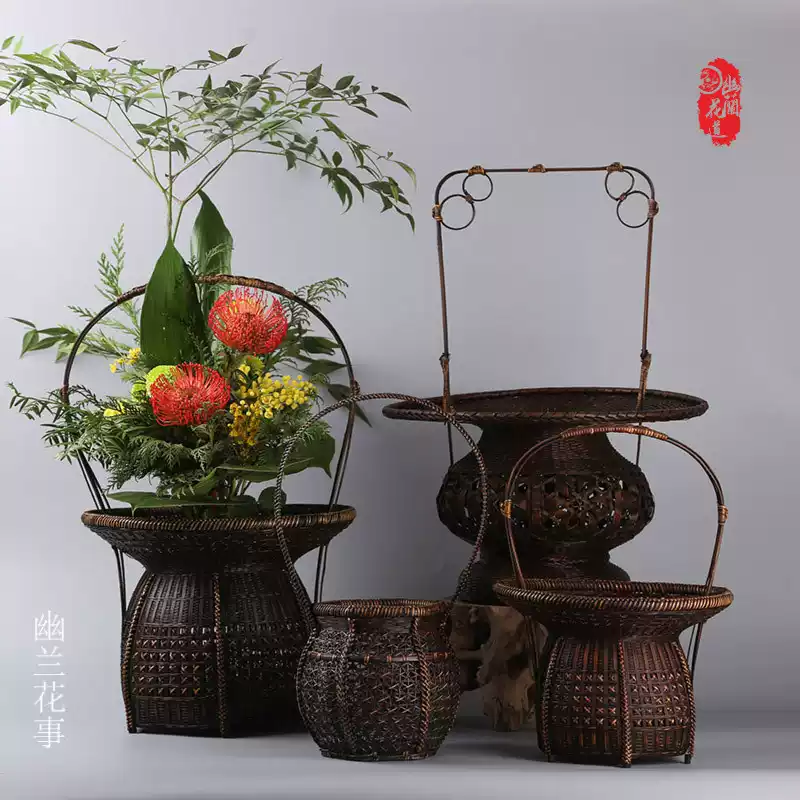 中華花藝竹編花器六角提樑竹編籃傳統手工竹編花器四季花藝用竹籃教學用