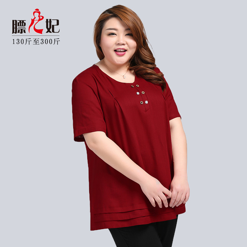 Fat Erfei large size women's clothing plus fat to increase loose fat mm summer clothing cotton and linen women's mid-length V-neck top shirt