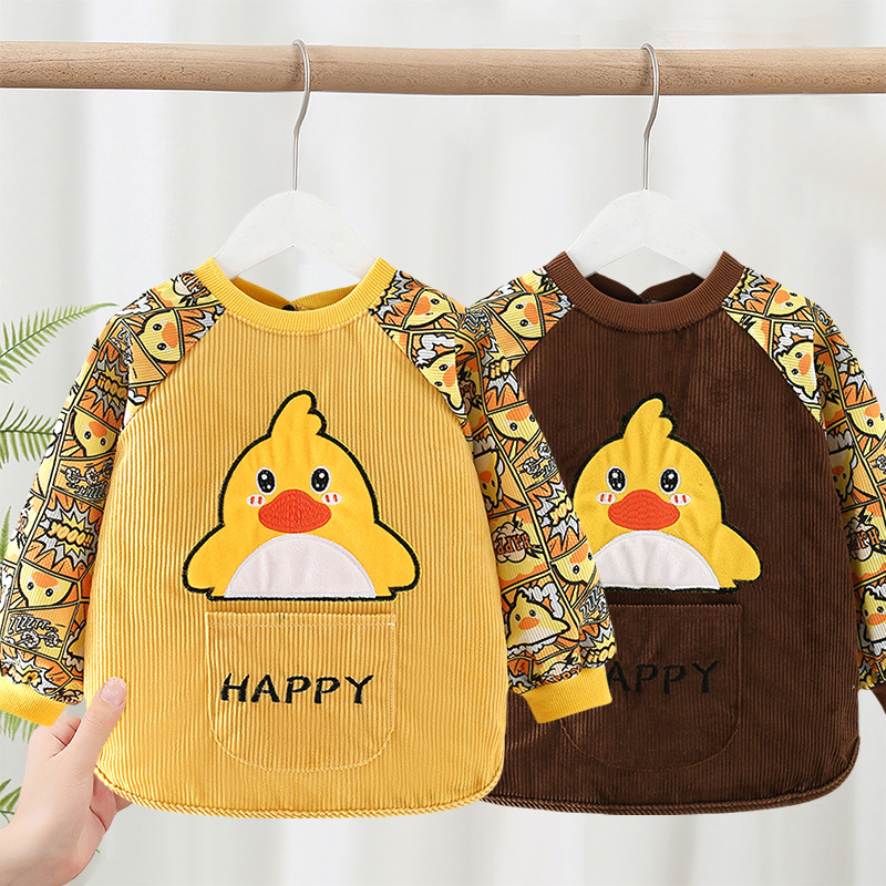 Children's long-sleeved waterproof coveralls, anti-fouling kindergarten eating bibs for men and women, anti-fouling corduroy reverse dressing, autumn and winter styles