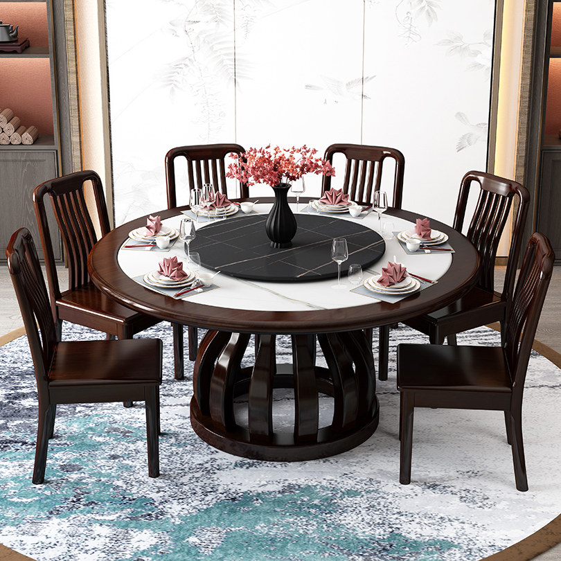 New Chinese rock plate dining table and chairs combined solid wood round table with turntable 1 8 m 8 people 10 people home Chinese dining table-Taobao