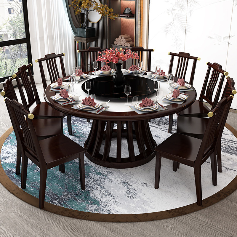 New Chinese dining table and chairs round dining table and chairs combined with turntable modern minimalist rock plate round table-Taobao