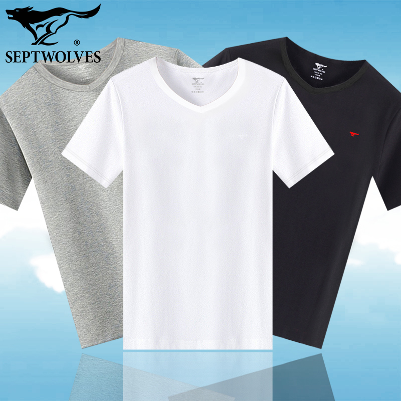 Seven Wolf Pure Cotton V-collar Short Sleeve Men Summer Thin T-shirt All-Cotton Sweater Underwear Vest