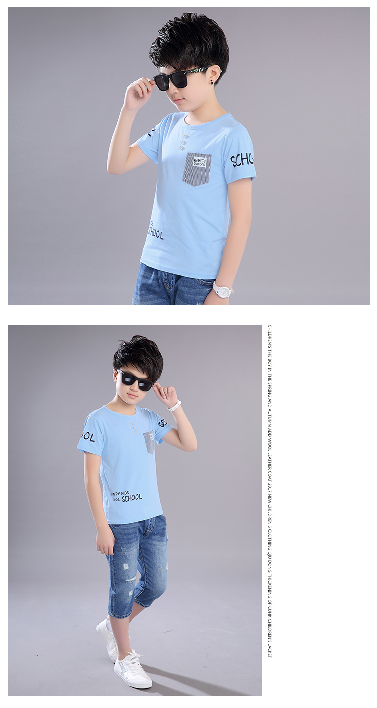 Cậu bé ngắn tay t-shirt mùa hè 2018 mới trẻ em Hàn Quốc cotton t-shirt 12 trẻ em lớn 15 tuổi cậu bé áo sơ mi