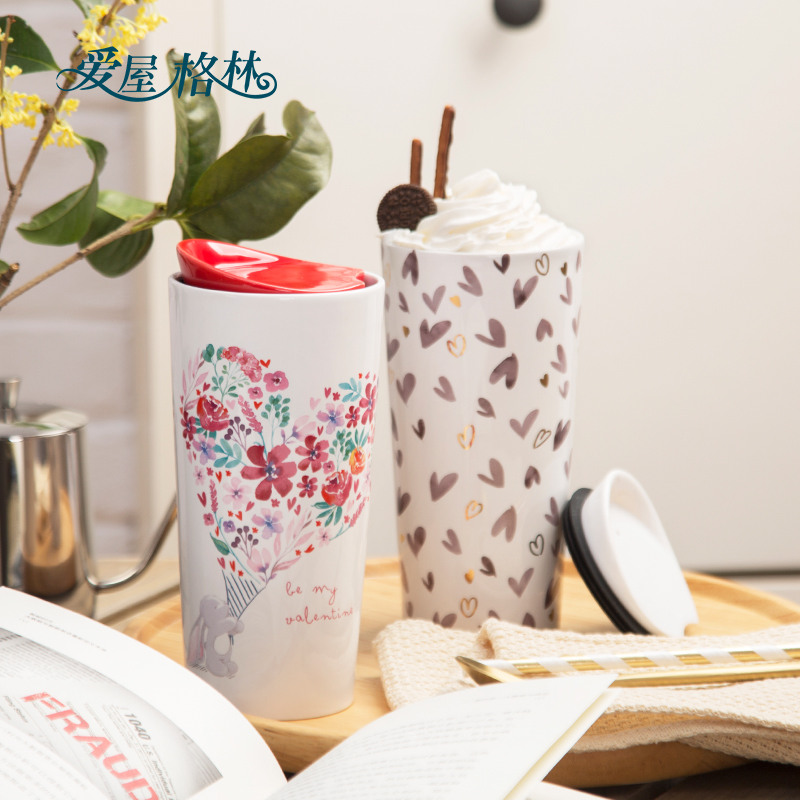 LOVE HOUSE GREEN DOUBLE LAYER CERAMIC MARK CUP INSULATION WITH CAP LARGE CAPACITY WATER GLASS FEMALE MUG FOR HOME