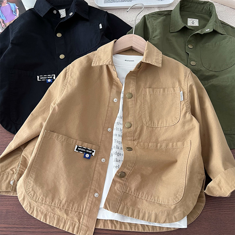 男の子用純綿シャツジャケット～中～大サイズの子供向けファッショナブルなカジュアル長袖襟付きシャツ、無地作業服トップス