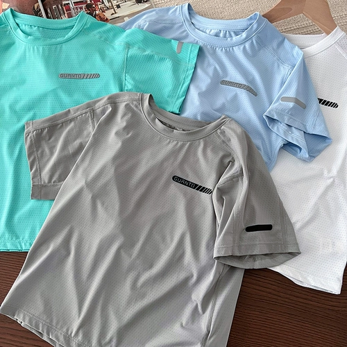 Дышащая быстросохнущая летняя эластичная спортивная футболка с коротким рукавом для мальчиков, подходит для подростков, круглый воротник