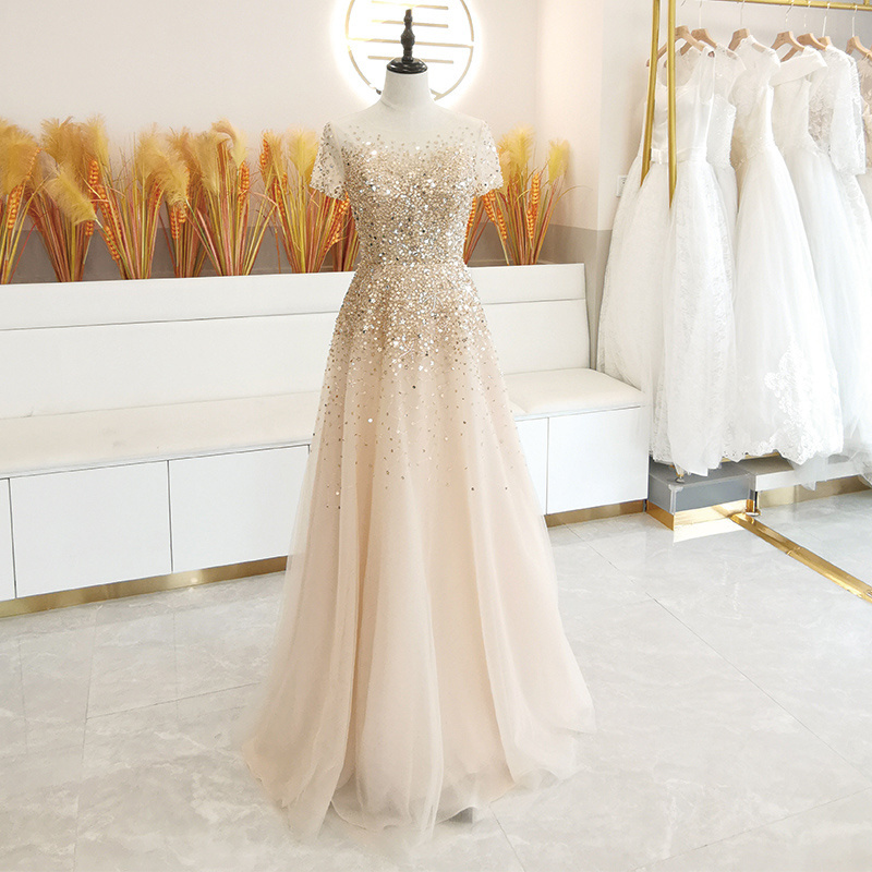 Golden High-End Queen Aura 2024 New Evening Dress Banquet Tummy-Covering Luxurious Plus-Size Slimming Sequin Tutu Dress
