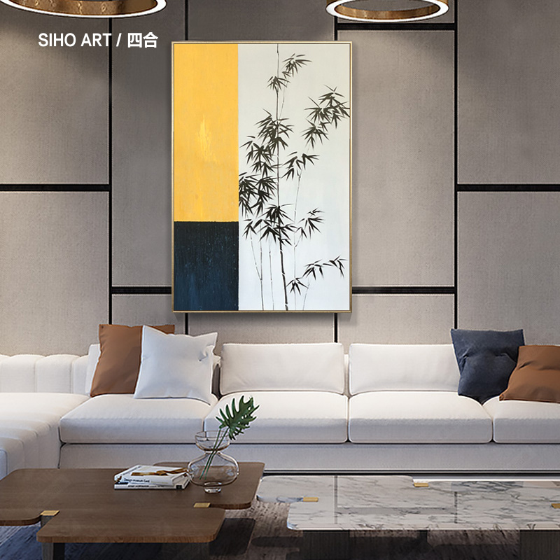 Sihe art hand-painted landscape oil painting new Chinese style pure living room aisle hanging painting bamboo