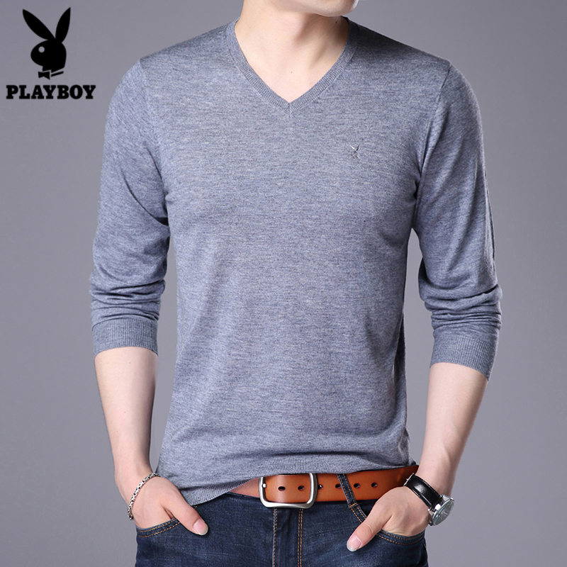 mới dài tay áo thun cổ chữ V Playboy của áo len dệt kim đáy mỏng cho áo len của nam giới vào mùa xuân và mùa thu của năm 2020.