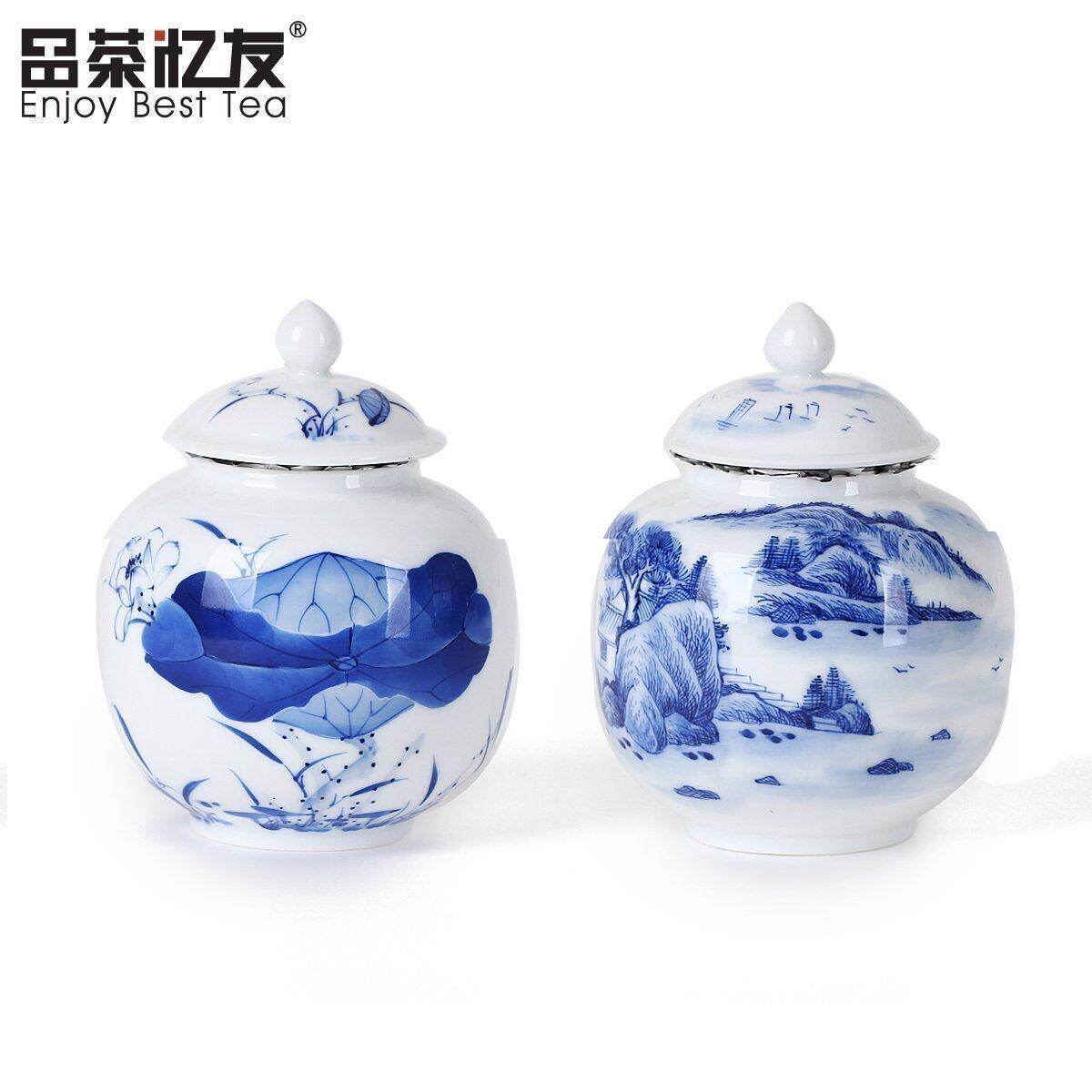 Pint Tea Recall Friendly Hand-painted Tea Leaf Jars China Wind Turquoi Porcelain Landscape view Dezhen Ceramics Deposit Tea Pot big number Home-Taobao