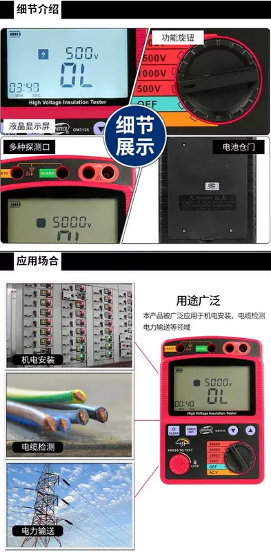 Máy đo điện trở cách điện Biaozhi GM3125 megger điện tử kỹ thuật số điện áp cao 1000V2500V máy dò vàng độ sâu