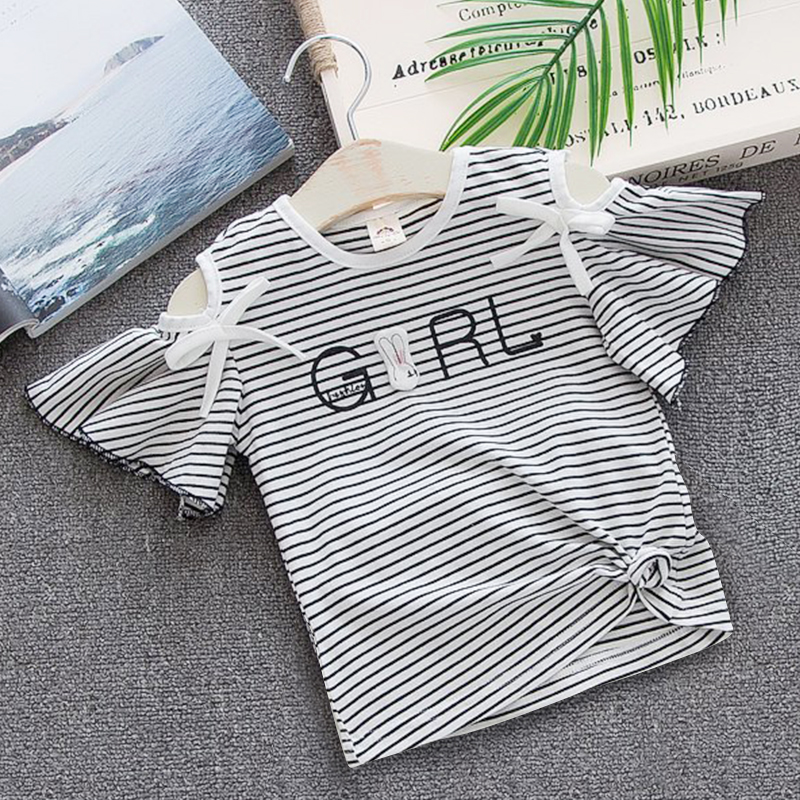 Cô gái ngắn tay T-Shirt 2018 mùa hè mới trẻ em nhỏ của bé cotton Hàn Quốc phiên bản của off-the-vai bay tay áo sọc tops