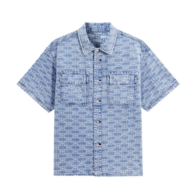 GXG men's full body jacquard casual denim short-sleeved loose shirt jacket men's tops 24 summer ສິນຄ້າໃຫມ່