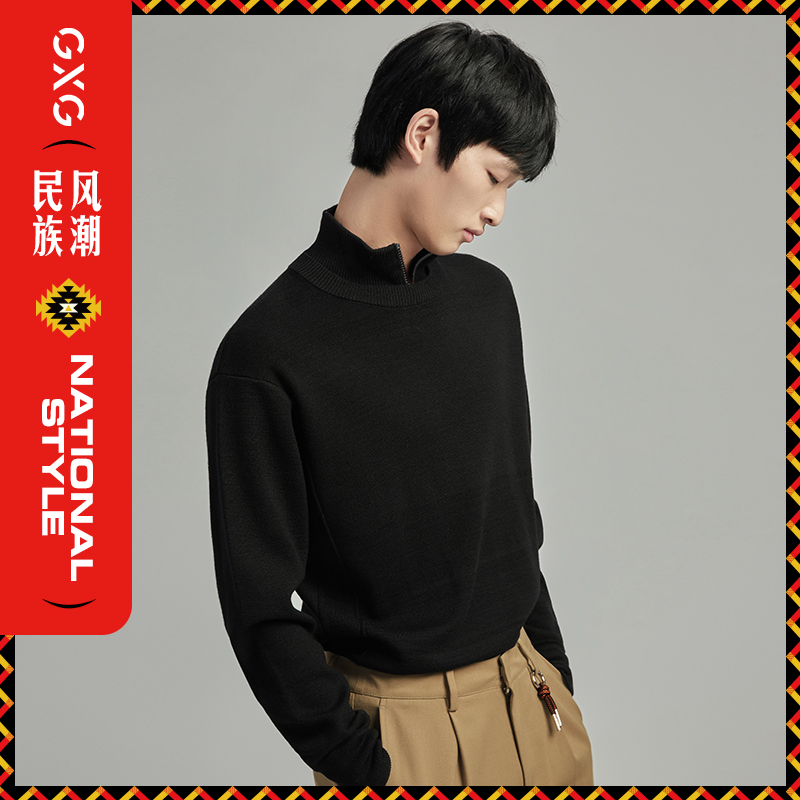 GXG men's 2020 winter new national trend Black semi-turtleneck cardigan men's sweater sweater
